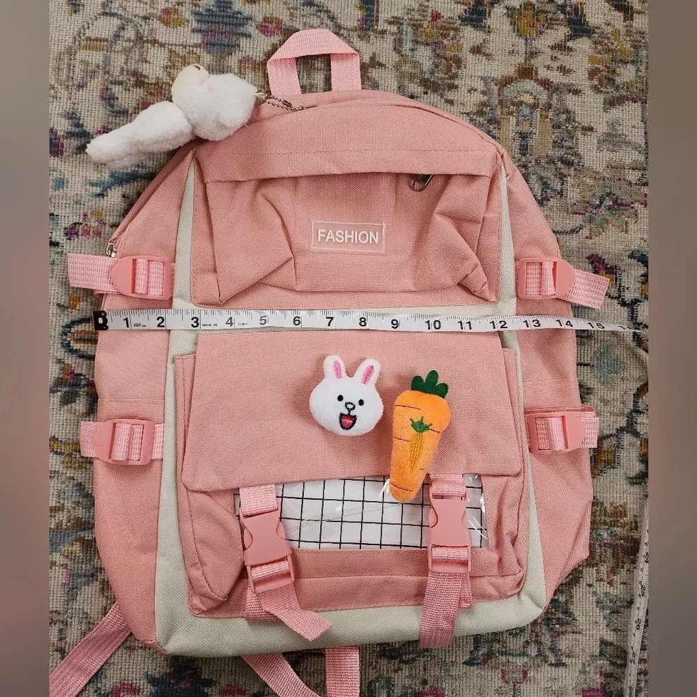 Pink Kawaii Backpack Pin Decor Multi Pocket School Bag OS